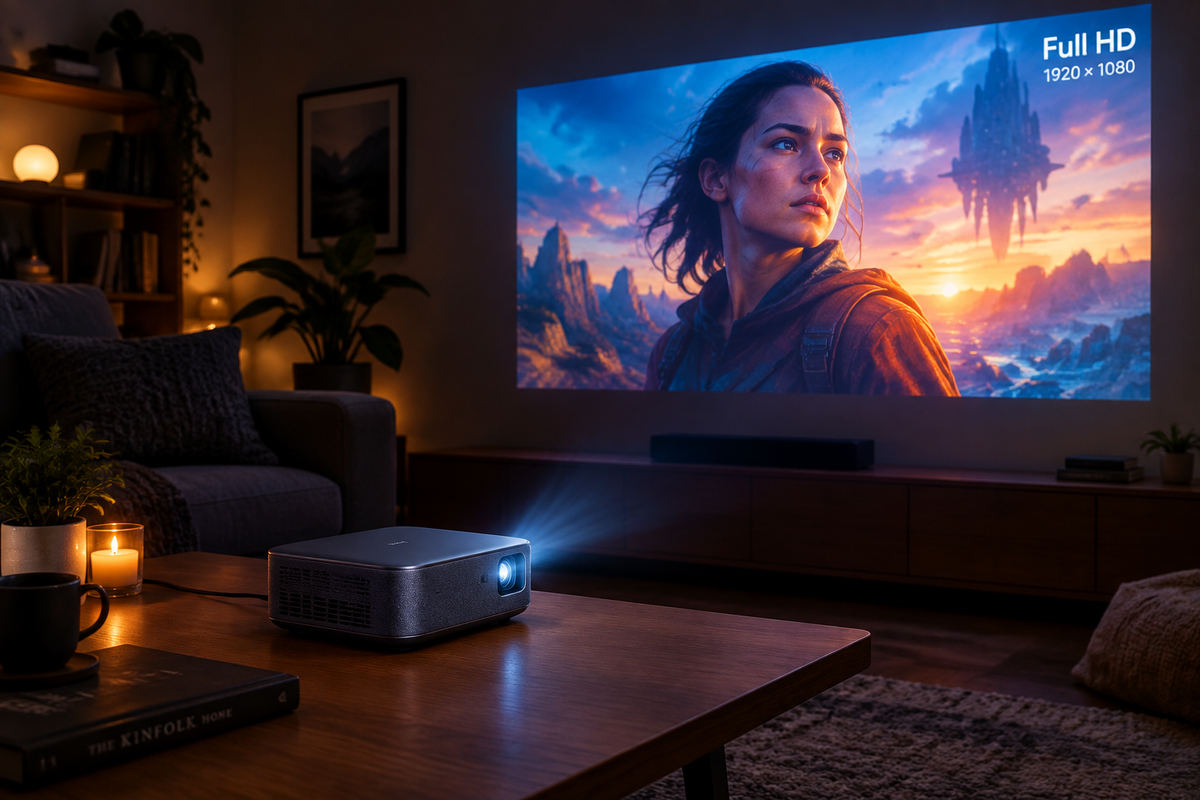 Proyector Full HD 1080P Smart Android 11 en sala de cine en casa